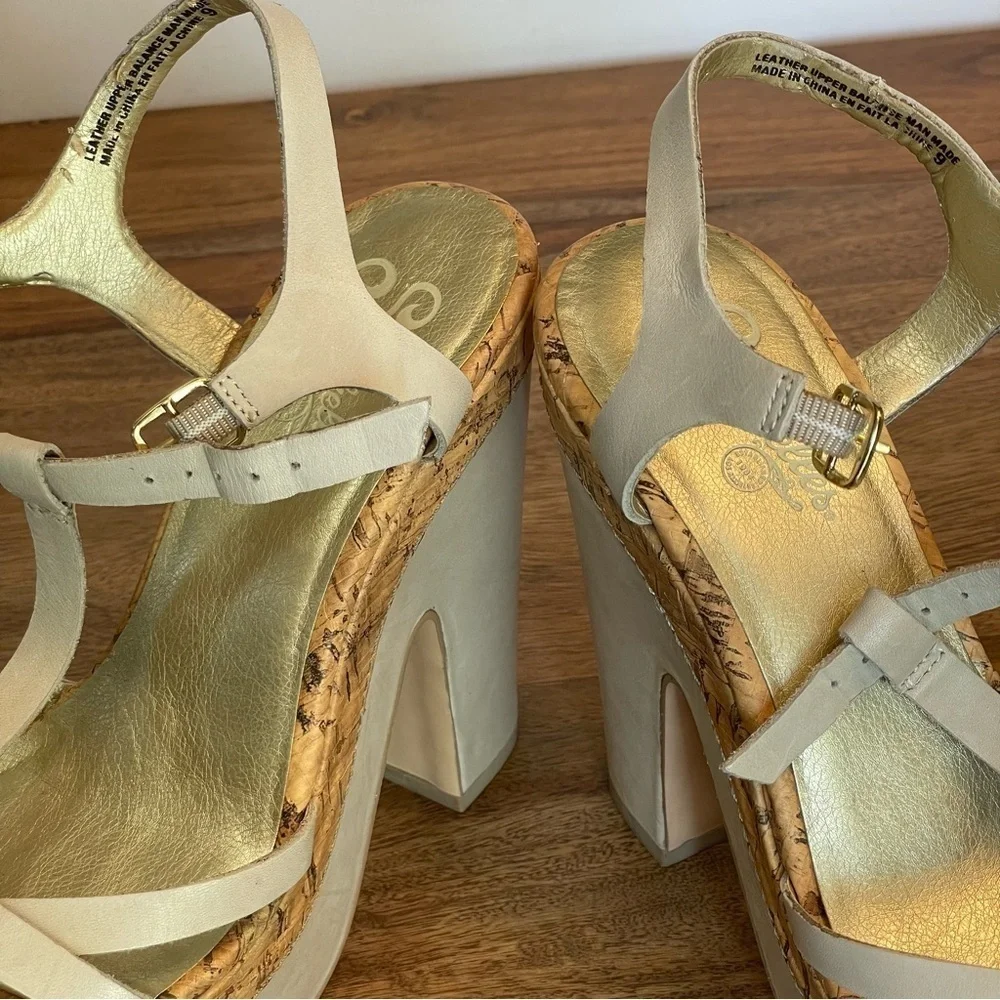 Seychelles Leather Cork T-Strap Platform Heel Strappy Sandals Taupe Off White‎ 9